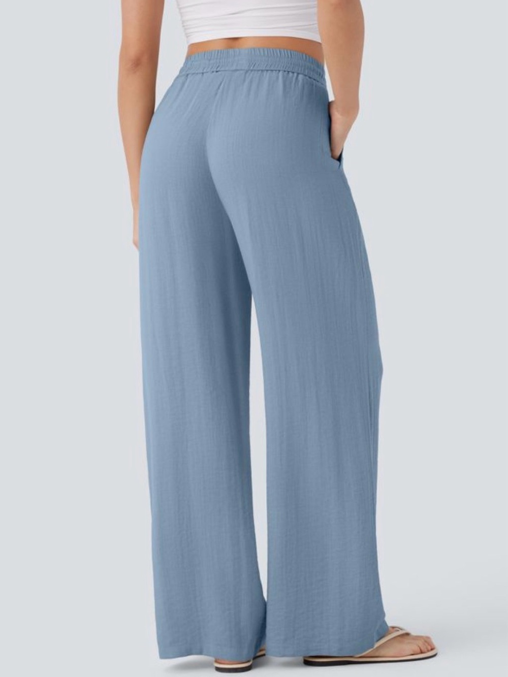 HALARA High Waisted Drawstring Pocket Wide Leg Baggy Casual Linen-Feel Pants - Picture 2 of 15